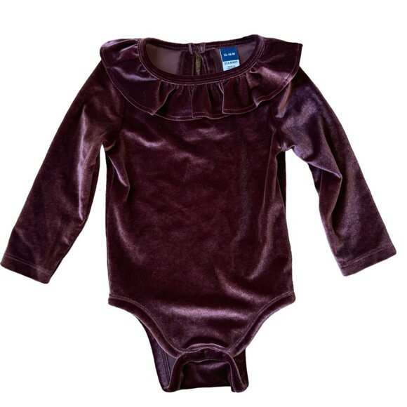 Old Navy Baby Girl Ruffle Velvet Bubble One Piece Romper 12-18M Long Sleeve Maro - Picture 1 of 2